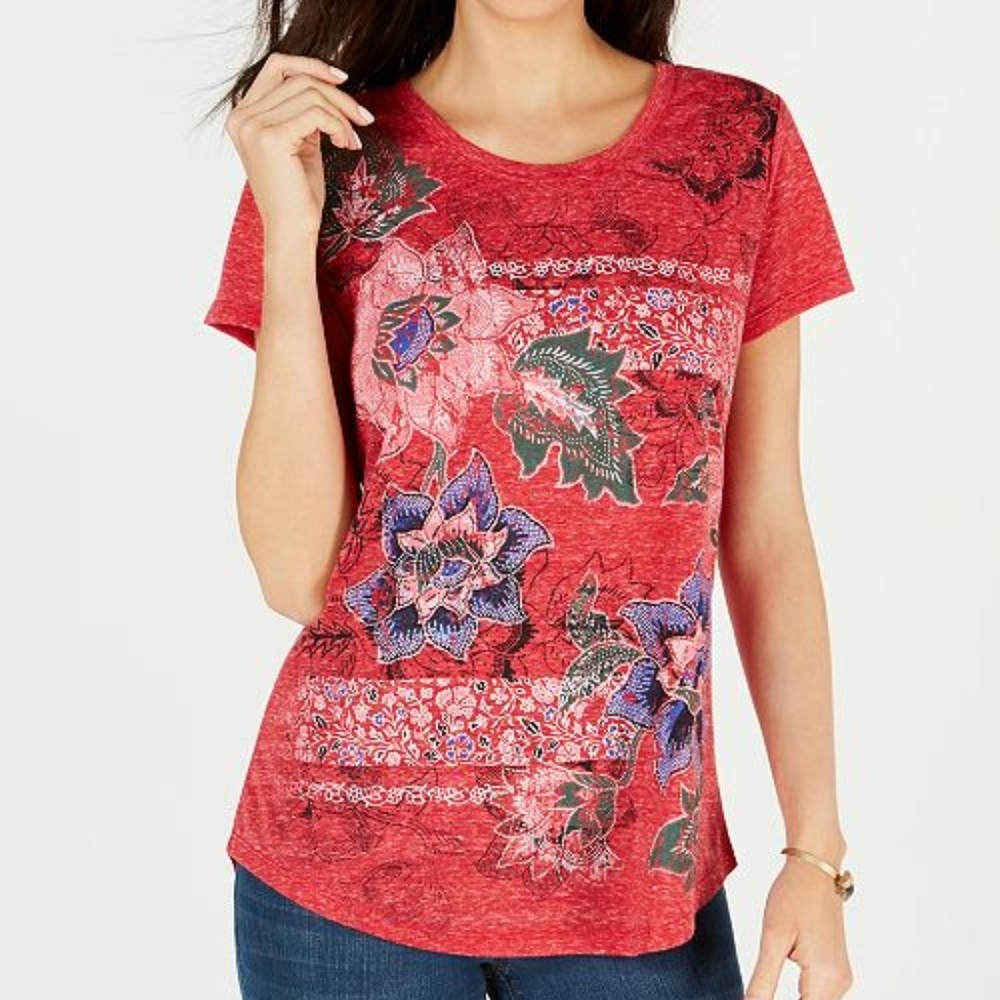 Red Graphic-Flower Print Top